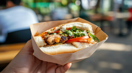 Delicious unwrapped sandwich featuring grilled meat, fresh vegetables, and herbs, held in hand. vibrant colors and textures create appetizing visual, perfect for food lovers