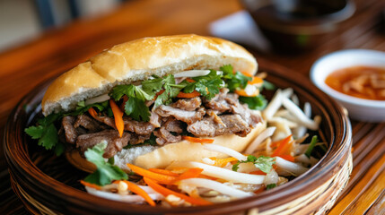 Delicious banh mi sandwich filled with marinated meat, fresh vegetables, and herbs, served with side of pickled vegetables. perfect blend of flavors and textures