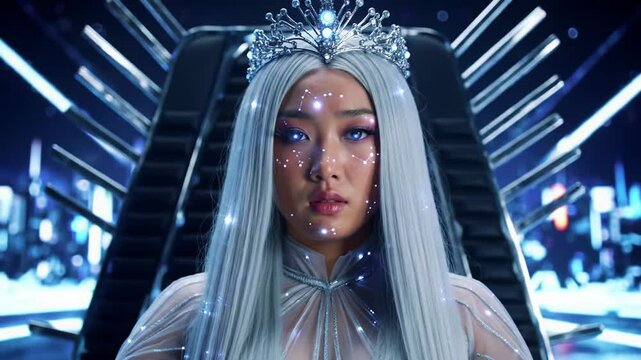 Close-up portrait of an imaginary white-haired queen wearing a crystal crown and ethereal white garments, bathed in soft icy blue light