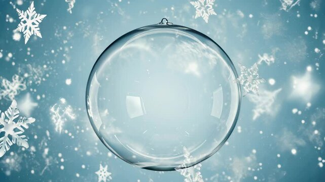 Festive winter animation with an elegant snow globe and intricate snowflake designs on a delicate blue backdrop.