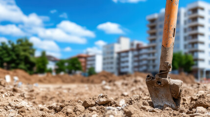 Shovel stands upright foreground of urban construction site, surrounded by freshly dug earth and piles of soil. In background, modern buildings rise against bright blue sky with fluffy clouds