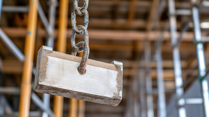 Heavy block suspended from chain in construction site, showcasing scaffolding in background. scene reflects industrial work and use of equipment for building projects