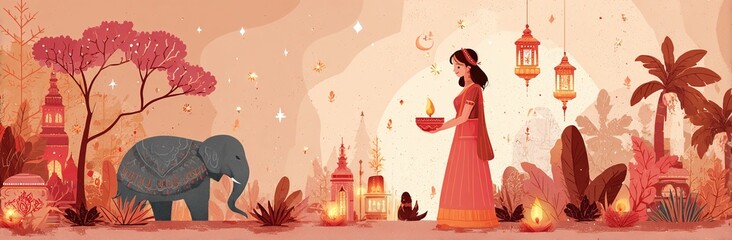 Happy Diwali. Indian festival of lights. Vector abstract flat illustration for the holiday, lights, elephant, Indian woman and other objects for background or poster. High quality