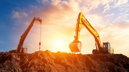 Excavators and cranes operate on construction site at sunset, showcasing heavy machinery in action. vibrant sky adds dramatic backdrop to industrial scene