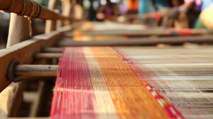 Weaving is traditional craft that showcases vibrant colors and intricate patterns loom, highlighting artistry and skill involved textile production. scene captures essence of craftsmanship