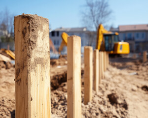 Construction site with wooden posts foreground, showcasing machinery background. scene captures essence of building and development, highlighting raw materials and equipment used construction