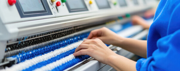 Automated knitting machine operation, showcasing woman hands skillfully working with colorful yarn. focus is intricate process of textile production, highlighting craftsmanship and technology