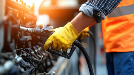 Worker fueling generator with safety gloves, wearing reflective vest, focused on task, ensuring safety and efficiency in operation. scene captures professional environment