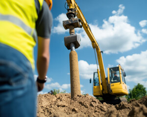 Worker taking measurements of driven pile beside excavator on construction site under blue sky with clouds. scene captures essence of construction and engineering work