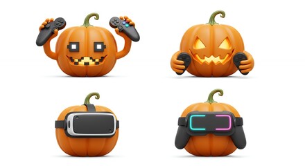 Pumpkins with gaming controllers and vr headsets