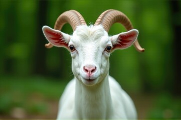 Fototapeta premium Close-up portrait of a goat with impressive horns, ideal for use in fantasy or nature-themed designs
