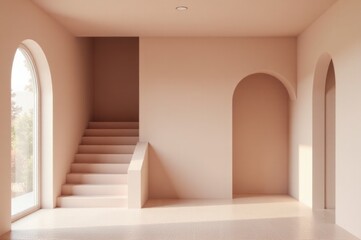 A simple empty room with a staircase and a window, perfect for interior design or minimalist concept scenes