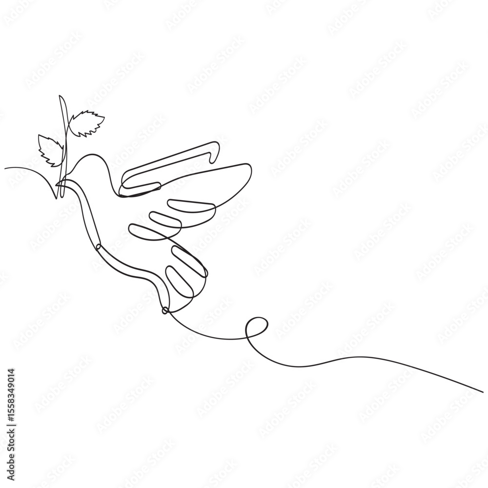 Poster one continuous line drawing of dove with olive branch. bird symbol of peace and freedom in simple li