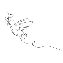 One continuous line drawing of dove with olive branch. Bird symbol of peace and freedom in simple linear style. Concept for national labor movement icon. Editable stroke. Doodle vector illustration