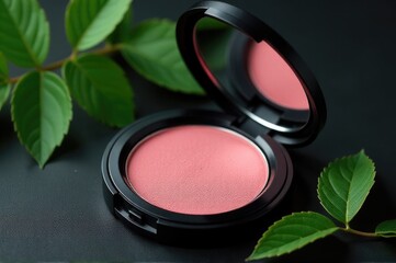 A compact powder blush applied to a dark or black surface, ideal for beauty and makeup photography