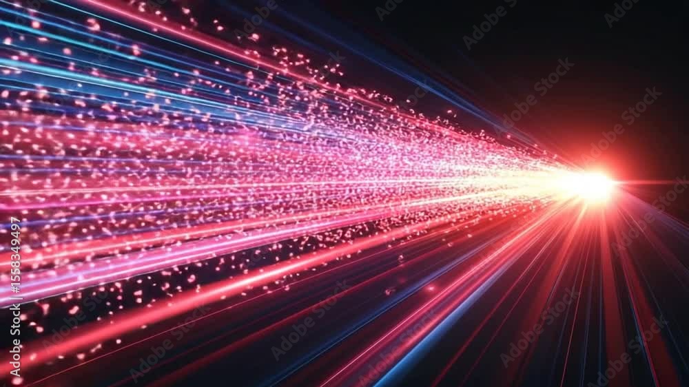 Poster energetic stream of red and blue light particles creating a futuristic effect