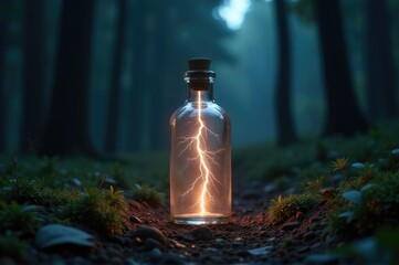 A clear glass bottle containing a bright lightning bolt