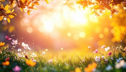 Fototapeta premium Basking in the radiance of spring sunshine flower-filled meadow nature photography vibrant environment wide angle view seasonal beauty