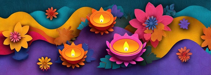 Happy Diwali Hindu festival modern design set in paper cut style with oil lamps on colorful waves and beautiful flowers of lights. Holiday background for branding, card, banner, cover, flyer or poster