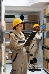 Woman warehouse worker ensures inventory management with boxes on racks, focusing on goods dispatch...