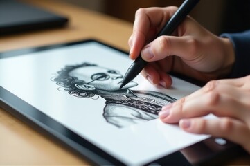 Artist using digital tablet and pen to create artwork