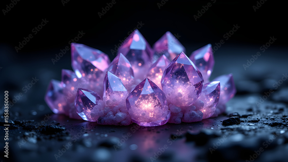 Aufkleber luminous amethyst crystals. intricate patterns glow with diffused light in a macro shot. mineral bea
