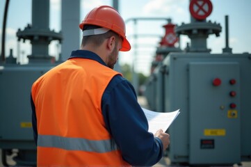 A worker on site holds a document and wears an orange safety vest