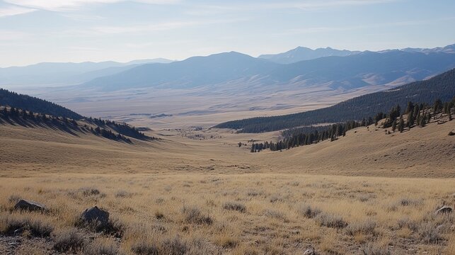 Expansive valley vista, showcasing a dry, grassy plain nestled between rolling hills and distant mountains under a clear sky