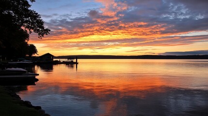 Obraz premium Fiery sunset over calm lake, reflected in still waters, boats docked at shoreline, trees silhouette against vibrant sky