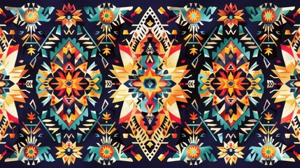 Vibrant geometric pattern in bright colors with symmetrical floral motifs