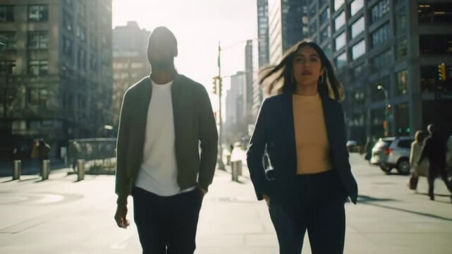 Attractive man and elegant woman in smart casual outfits walking side by side on a city street at dusk, both with hands in pockets and relaxed expressions