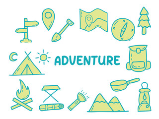Fototapeta premium Set of icons with Adventure theme. With doodle style. For layout, website, graphic design