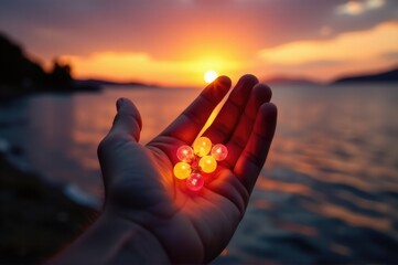 A person holds out their hand against a warm sunset sky, perfect for representing hope or opportunity