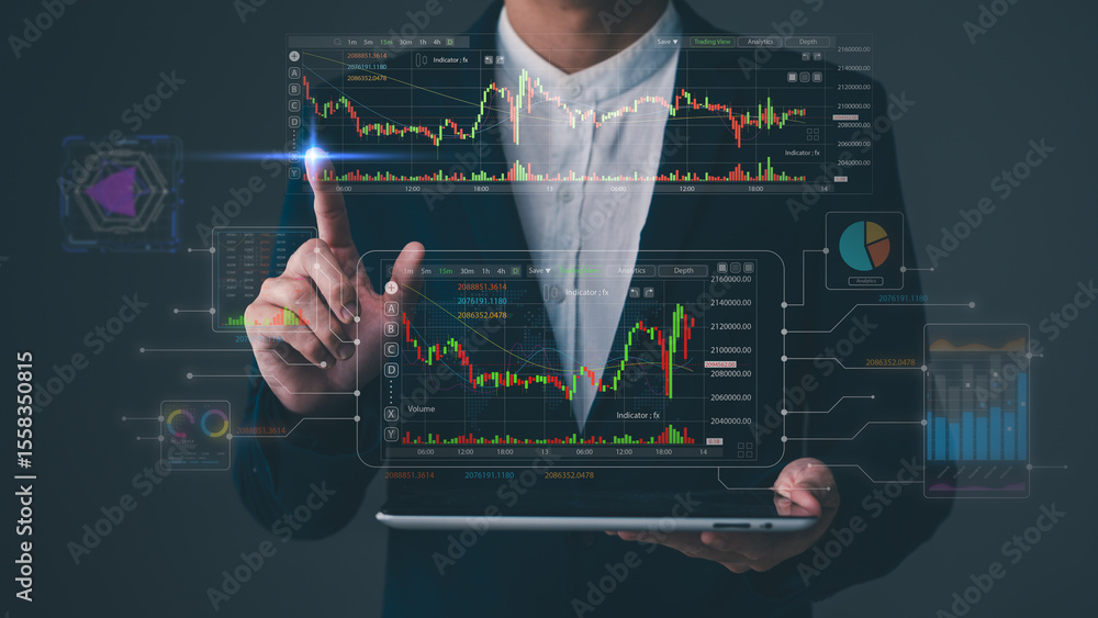 Poster a businessman interacts with futuristic financial charts and data visualizations projected above a l