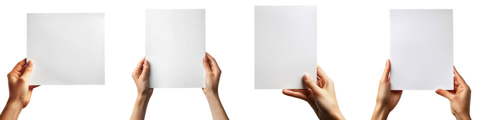 Collection of hands holding blank A4 papers, isolated on a transparent background