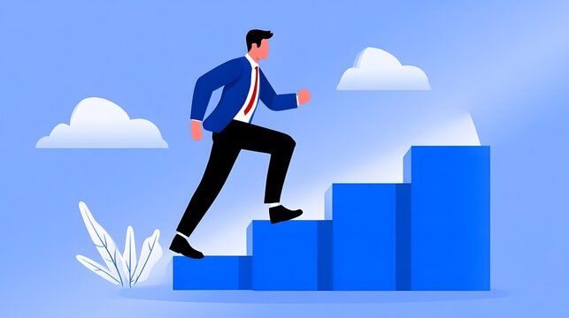 Determined businessman climbing the corporate ladder to success