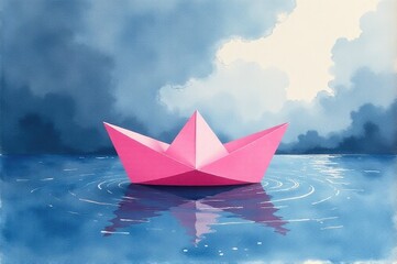 Obraz premium A small pink paper boat floats on the surface of calm water