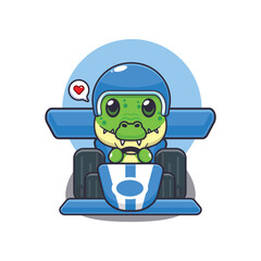 Cute crocodile mascot cartoon character illustration riding race car