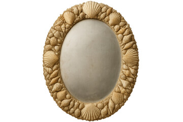 Nautical-themed oval mirror featuring intricate seashell frame, reflecting coastal elegance against transparent background