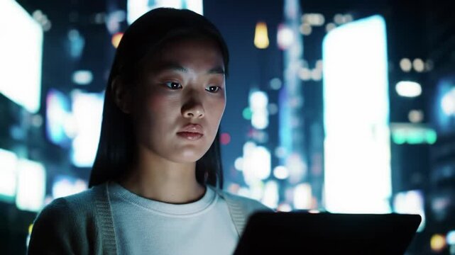 Close-up of a young Asian woman using a digital tablet at night, with blurred city lights and urban background behind her