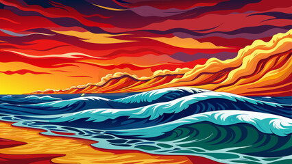ocean waves rolling onto a sandy beach under a golden sunrise, sea landscape
