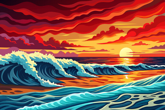 ocean waves rolling onto a sandy beach under a golden sunrise, sea landscape