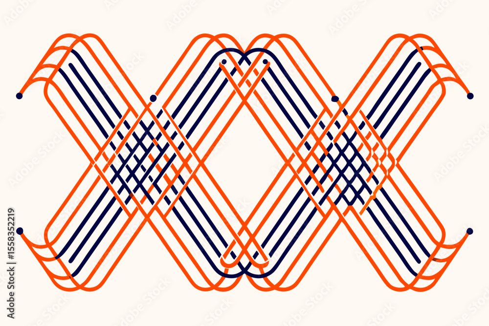 Poster modern geometric abstract design featuring intersecting lines and shapes in orange and navy blue, su