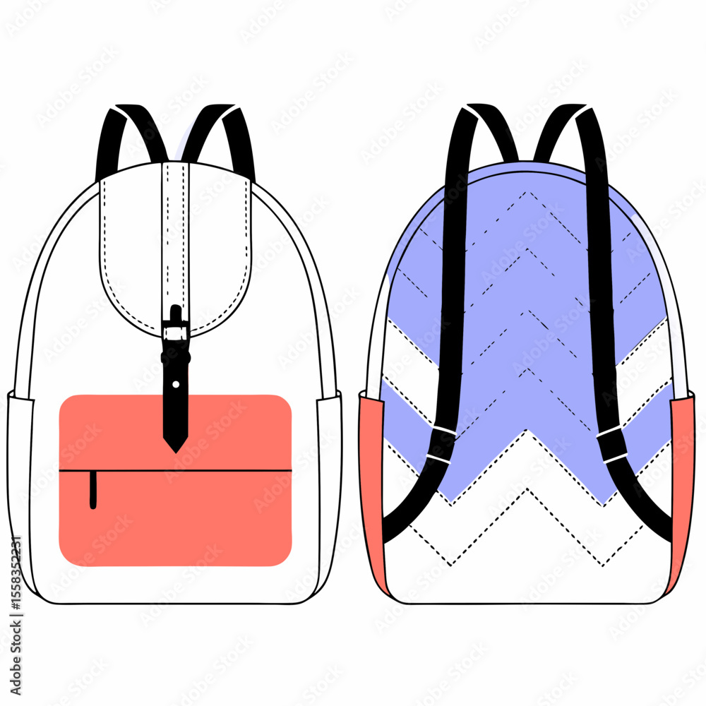 Poster modern backpack illustration showcasing front and back views with transparent background for versati