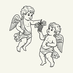 Two cherubic angels with wings, holding grapes, symbolizing innocence, purity, and divine blessings, rendered in a classical art style. Vector Illustration