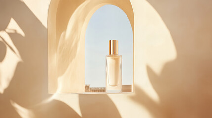 Elegant perfume bottle displayed on a minimalist shelf with soft shadows and natural light highlighting its design