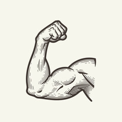 Flexed bicep arm, symbolizing strength, fitness, power, and physical prowess, ideal for sports, gym, or health-related designs. Vector Illustration
