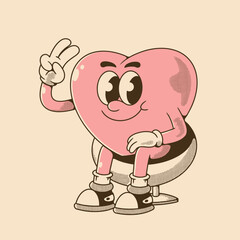 retro illustration of a heart character with a peace symbol sitting