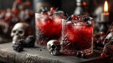 A table with two glasses of red drink and skulls and candles