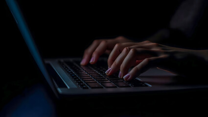 Fast Typing on Laptop Keyboard in a Dark Room – Close-Up Shot